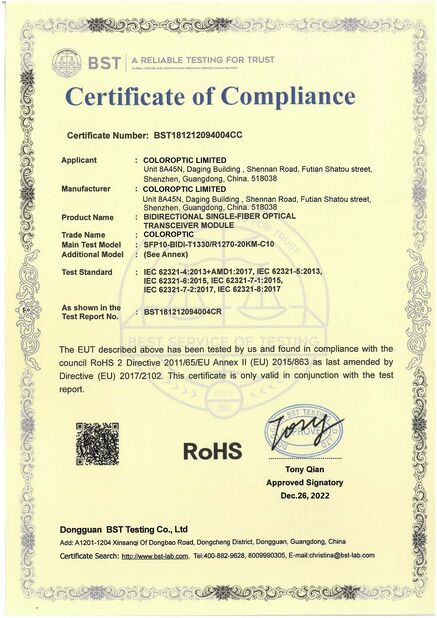 Porcellana Color Optic Limited Certificazioni